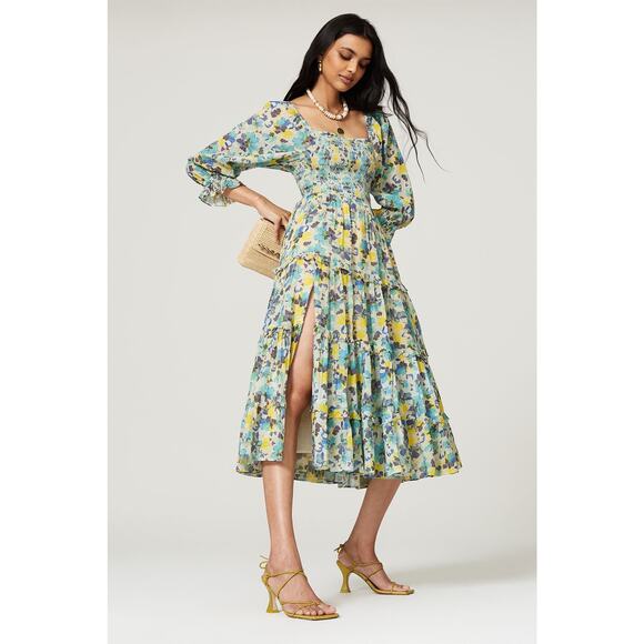 LoveShackFancy Blue Capri Floral Print Smocked Square Neck Midi Dress Size XS